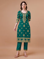 Pure Banarasi Chanderi Jacquard Kurta With Pant & Dupatta Set, Multicolor - Hiral Fashion | Grocsy