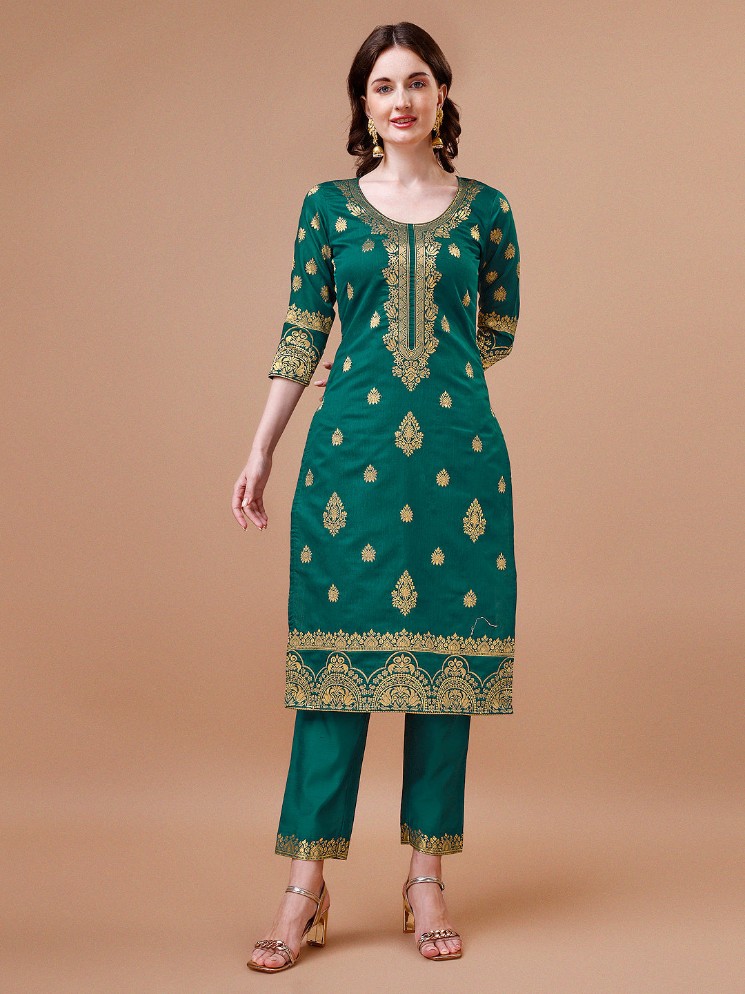 Pure Banarasi Chanderi Jacquard Kurta With Pant & Dupatta Set, Multicolor - Hiral Fashion | Grocsy