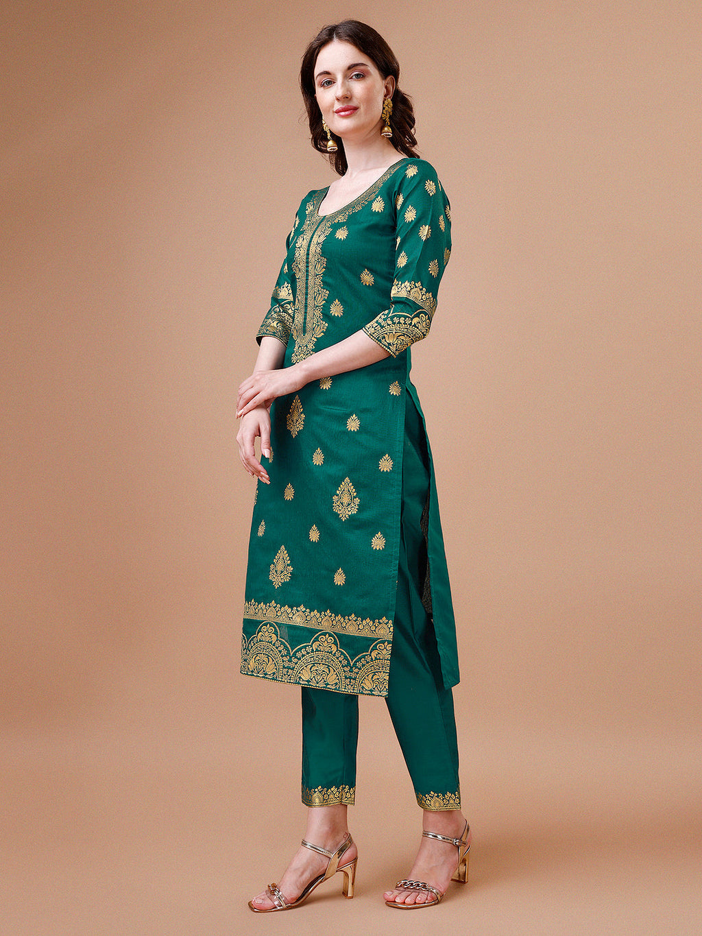 Pure Banarasi Chanderi Jacquard Kurta With Pant & Dupatta Set, Multicolor - Hiral Fashion | Grocsy
