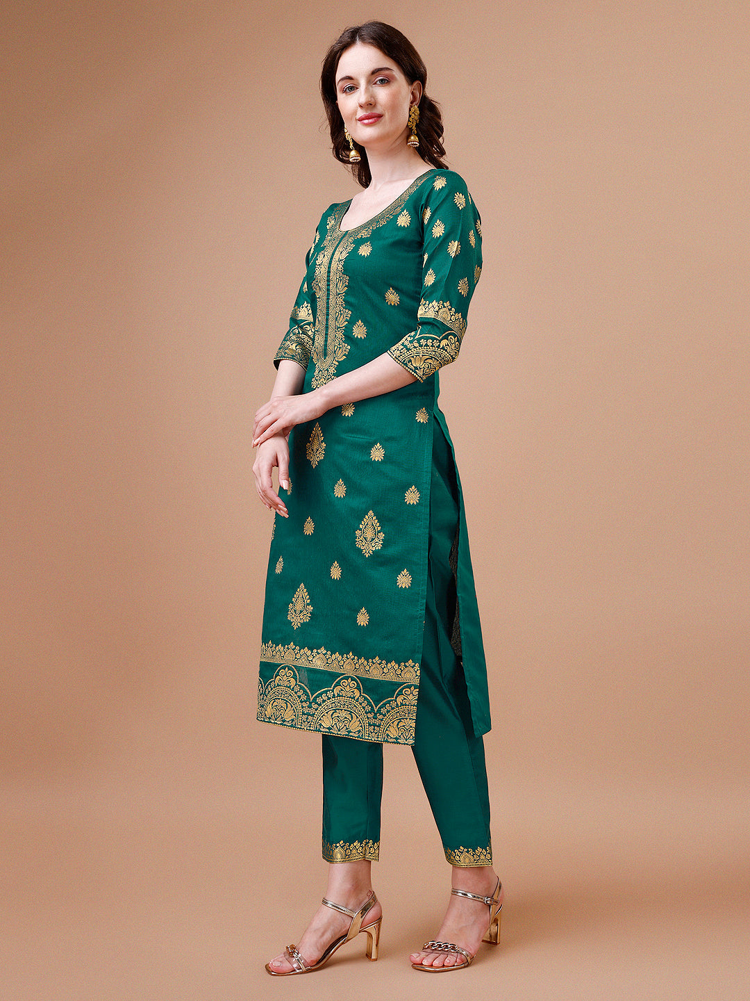 Pure Banarasi Chanderi Jacquard Kurta With Pant & Dupatta Set, Multicolor - Hiral Fashion | Grocsy