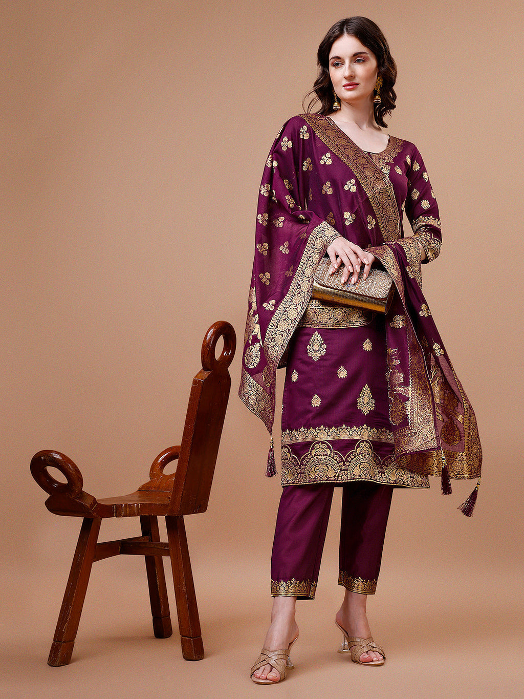 Pure Banarasi Chanderi Jacquard Kurta With Pant & Dupatta Set, Multicolor - Hiral Fashion | Grocsy