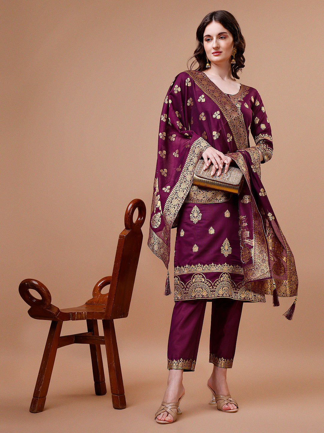 Pure Banarasi Chanderi Jacquard Kurta With Pant & Dupatta Set, Multicolor - Hiral Fashion | Grocsy