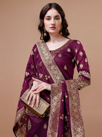 Pure Banarasi Chanderi Jacquard Kurta With Pant & Dupatta Set, Multicolor - Hiral Fashion | Grocsy