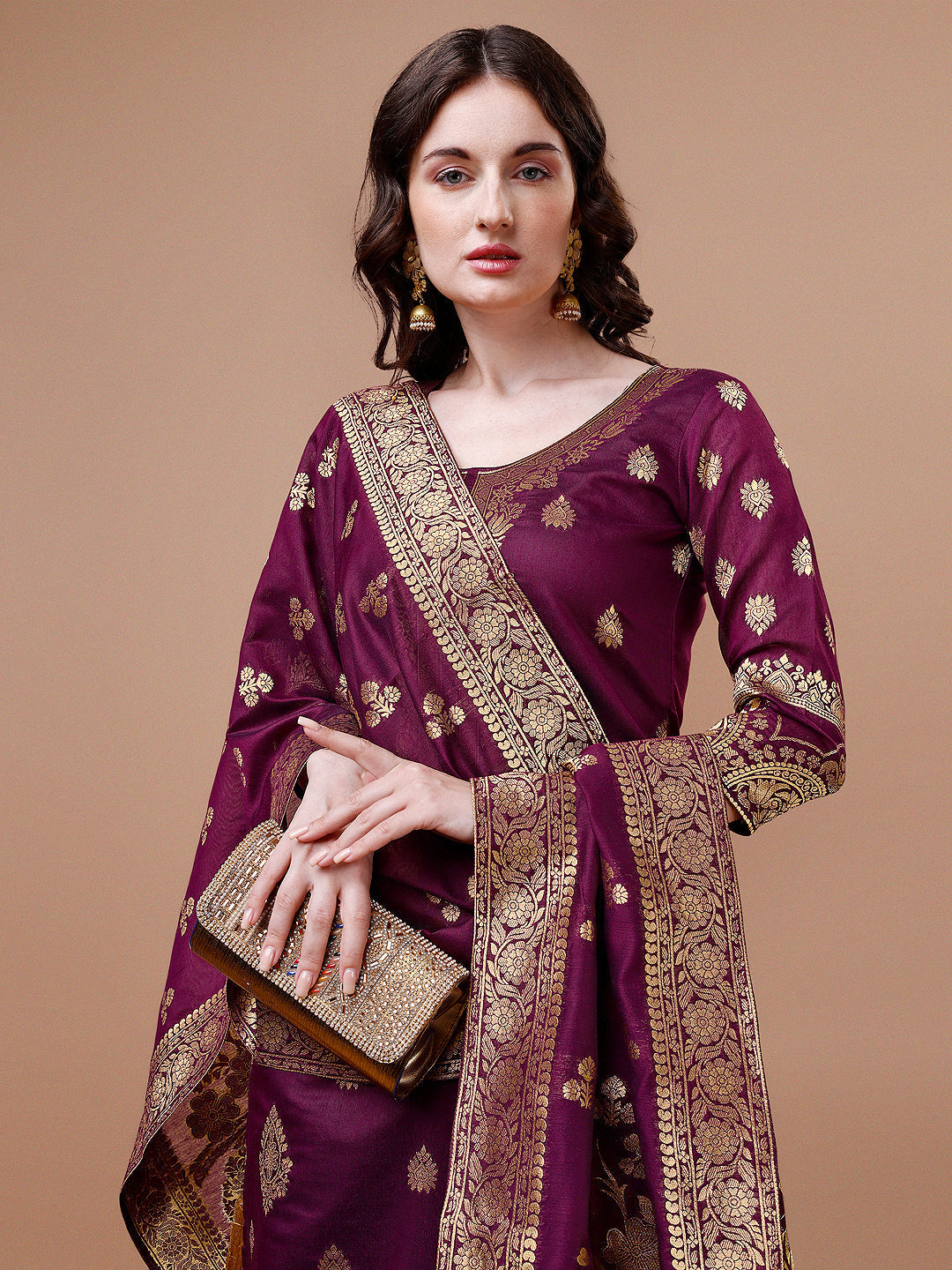 Pure Banarasi Chanderi Jacquard Kurta With Pant & Dupatta Set, Multicolor - Hiral Fashion | Grocsy