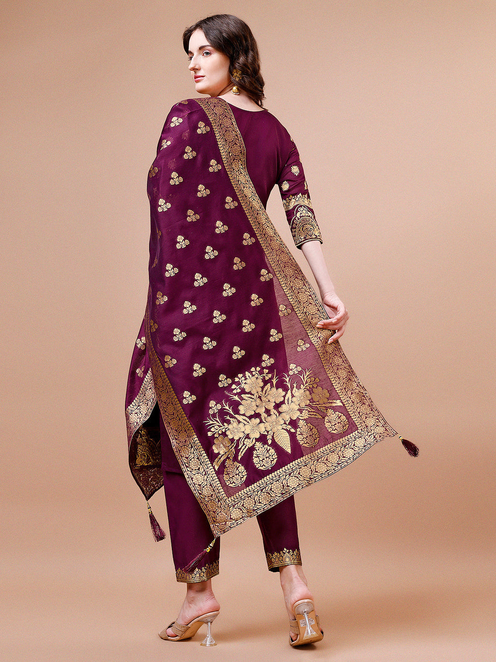 Pure Banarasi Chanderi Jacquard Kurta With Pant & Dupatta Set, Multicolor - Hiral Fashion | Grocsy