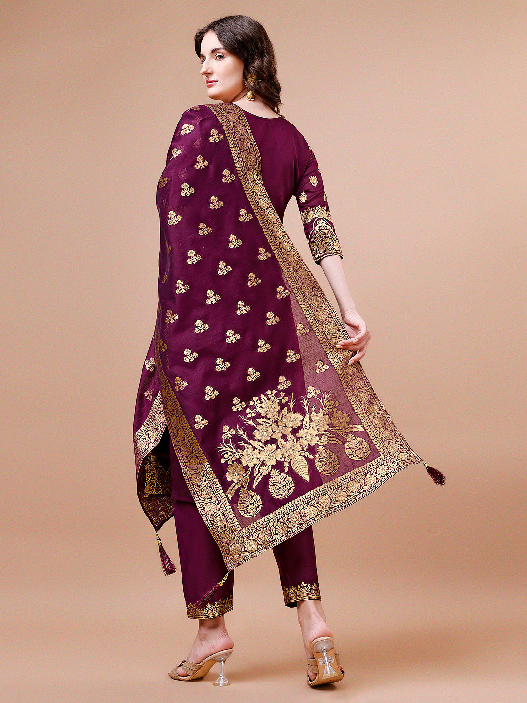 Pure Banarasi Chanderi Jacquard Kurta With Pant & Dupatta Set, Multicolor - Hiral Fashion | Grocsy
