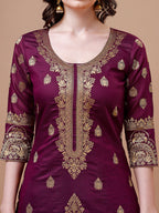 Pure Banarasi Chanderi Jacquard Kurta With Pant & Dupatta Set, Multicolor - Hiral Fashion | Grocsy