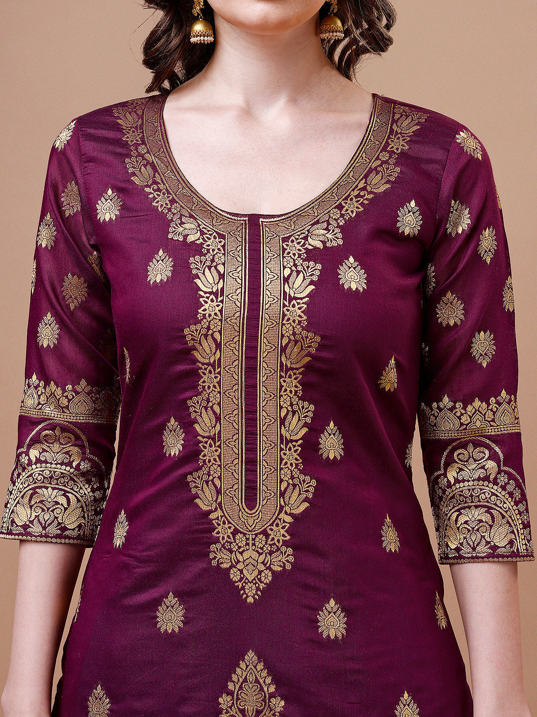 Pure Banarasi Chanderi Jacquard Kurta With Pant & Dupatta Set, Multicolor - Hiral Fashion | Grocsy