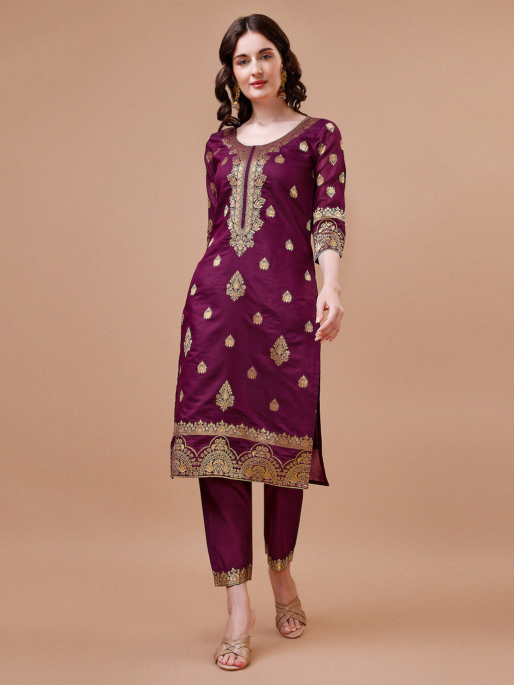 Pure Banarasi Chanderi Jacquard Kurta With Pant & Dupatta Set, Multicolor - Hiral Fashion | Grocsy