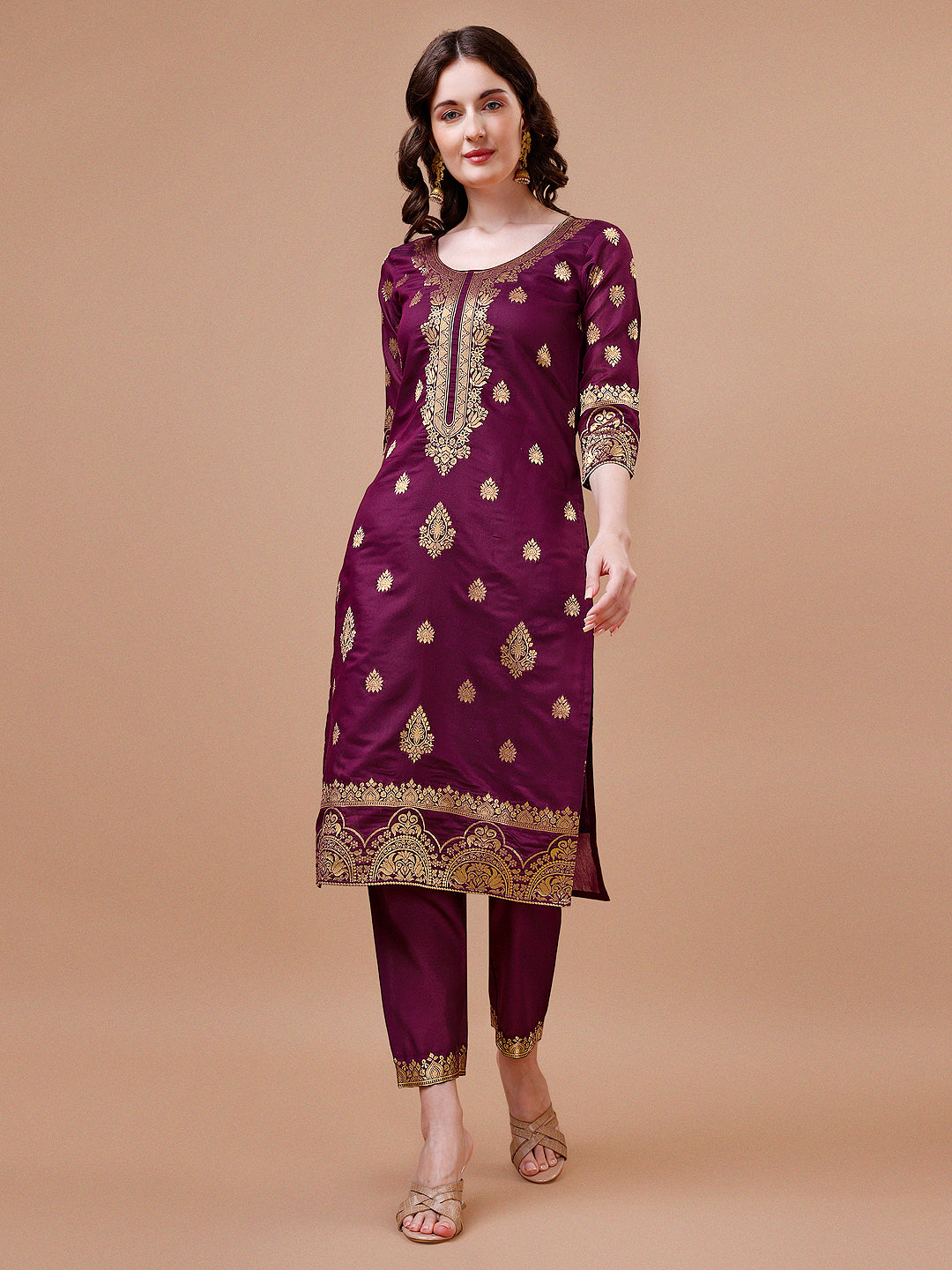 Pure Banarasi Chanderi Jacquard Kurta With Pant & Dupatta Set, Multicolor - Hiral Fashion | Grocsy