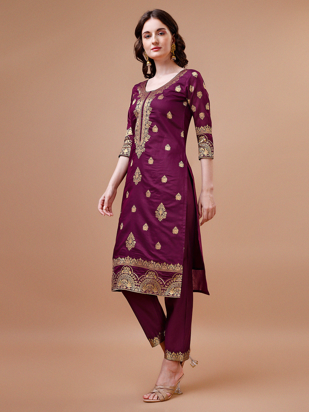 Pure Banarasi Chanderi Jacquard Kurta With Pant & Dupatta Set, Multicolor - Hiral Fashion | Grocsy