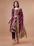Pure Banarasi Chanderi Jacquard Kurta With Pant & Dupatta Set, Multicolor - Hiral Fashion | Grocsy