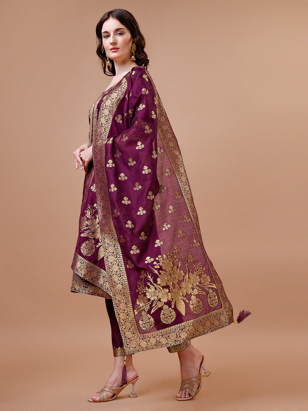 Pure Banarasi Chanderi Jacquard Kurta With Pant & Dupatta Set, Multicolor - Hiral Fashion | Grocsy