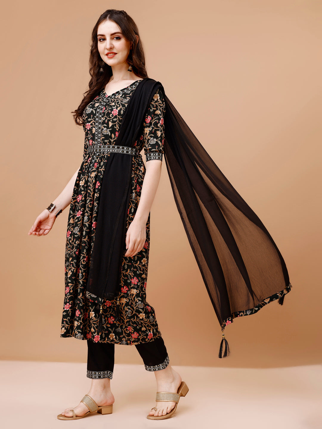 Embroidered Front Slit Floral Printed Kurta With Pant,Dupatta & Belt, Multicolor - Hiral Fashion | Grocsy