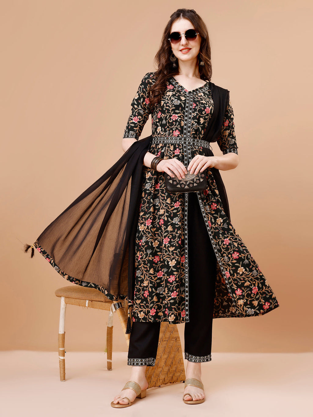 Embroidered Front Slit Floral Printed Kurta With Pant,Dupatta & Belt, Multicolor - Hiral Fashion | Grocsy