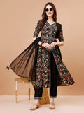Embroidered Front Slit Floral Printed Kurta With Pant,Dupatta & Belt, Multicolor - Hiral Fashion | Grocsy