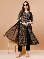 Embroidered Front Slit Floral Printed Kurta With Pant,Dupatta & Belt, Multicolor - Hiral Fashion | Grocsy