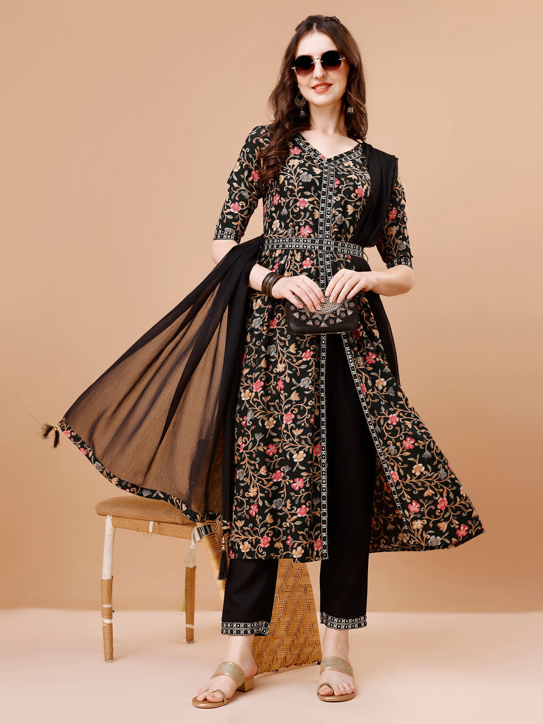 Embroidered Front Slit Floral Printed Kurta With Pant,Dupatta & Belt, Multicolor - Hiral Fashion | Grocsy
