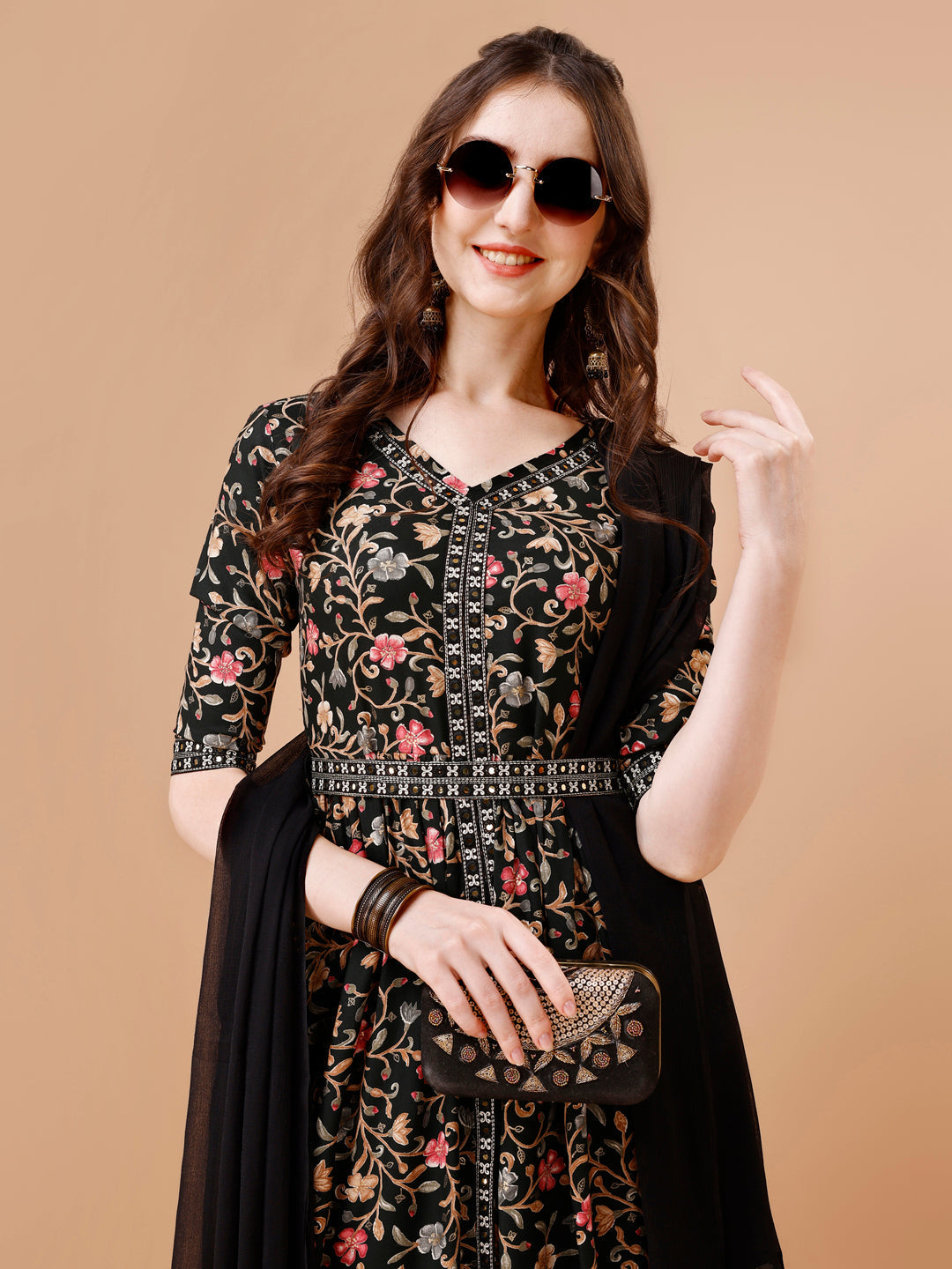 Embroidered Front Slit Floral Printed Kurta With Pant,Dupatta & Belt, Multicolor - Hiral Fashion | Grocsy