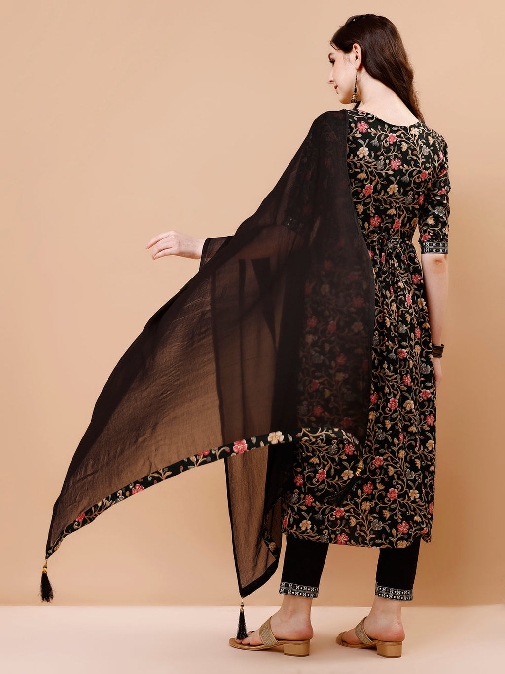 Embroidered Front Slit Floral Printed Kurta With Pant,Dupatta & Belt, Multicolor - Hiral Fashion | Grocsy