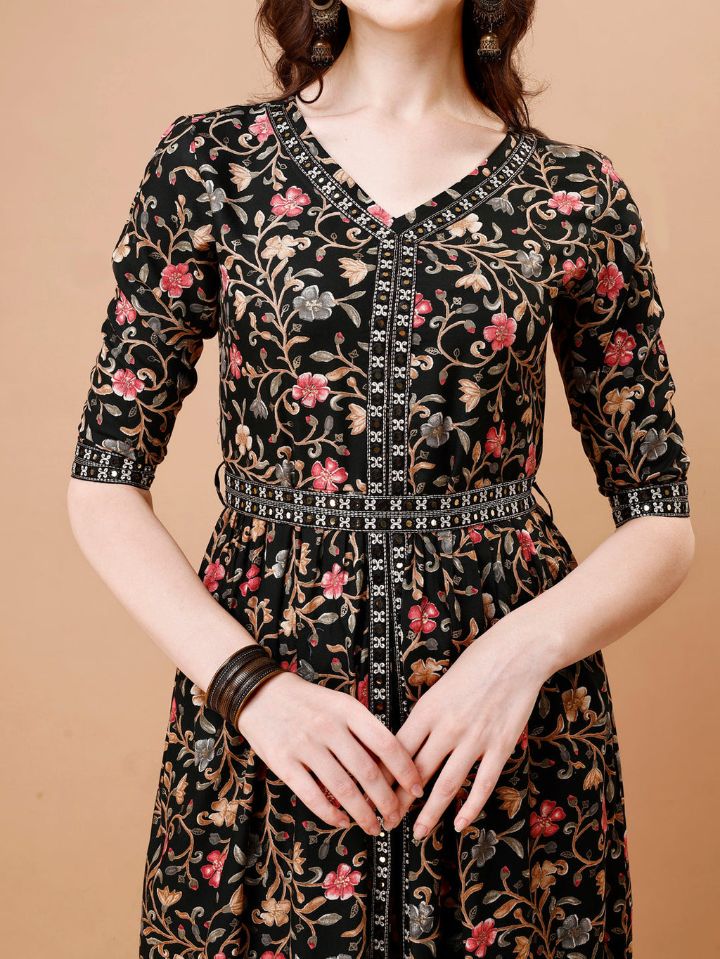 Embroidered Front Slit Floral Printed Kurta With Pant,Dupatta & Belt, Multicolor - Hiral Fashion | Grocsy