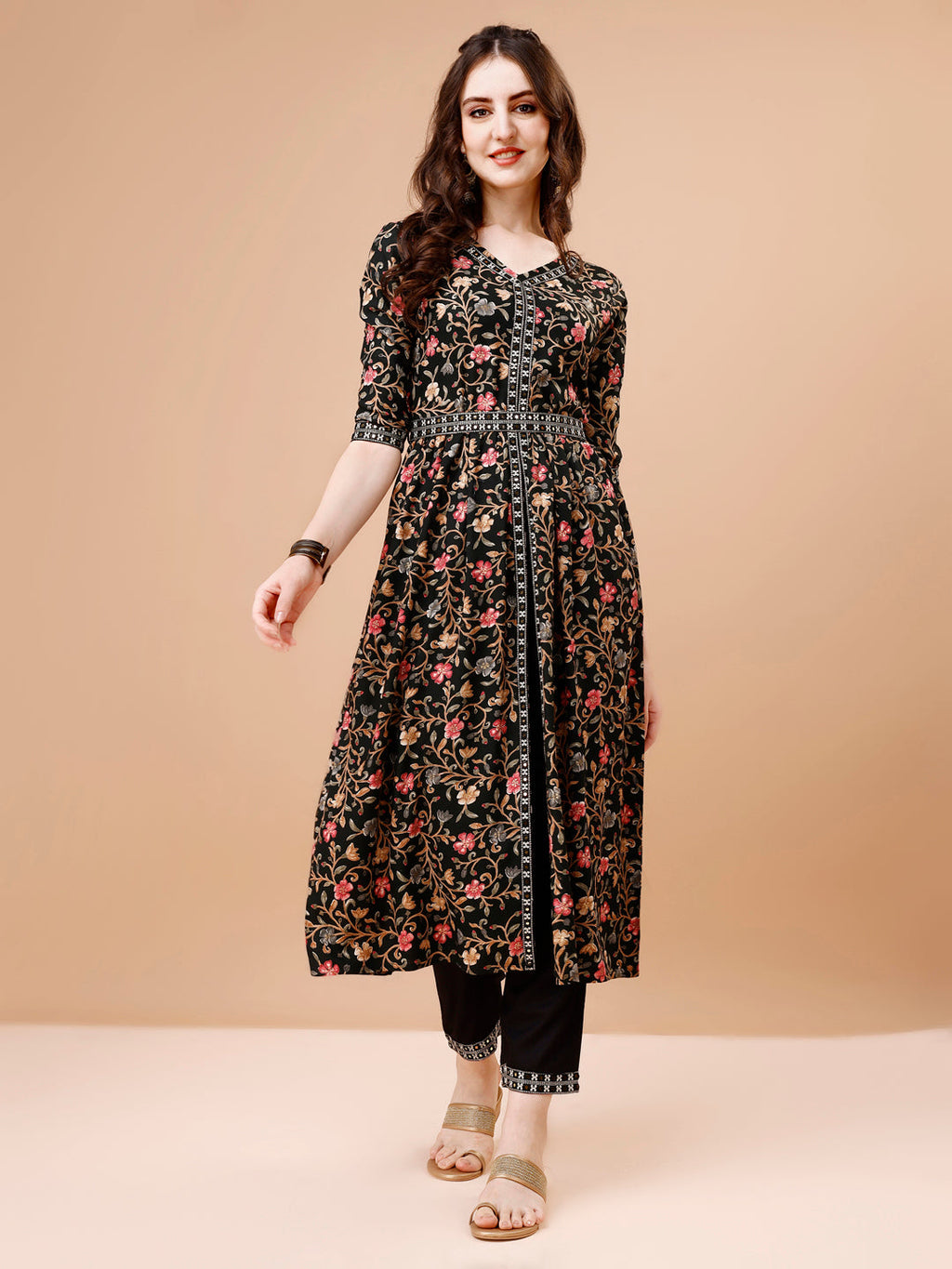Embroidered Front Slit Floral Printed Kurta With Pant,Dupatta & Belt, Multicolor - Hiral Fashion | Grocsy