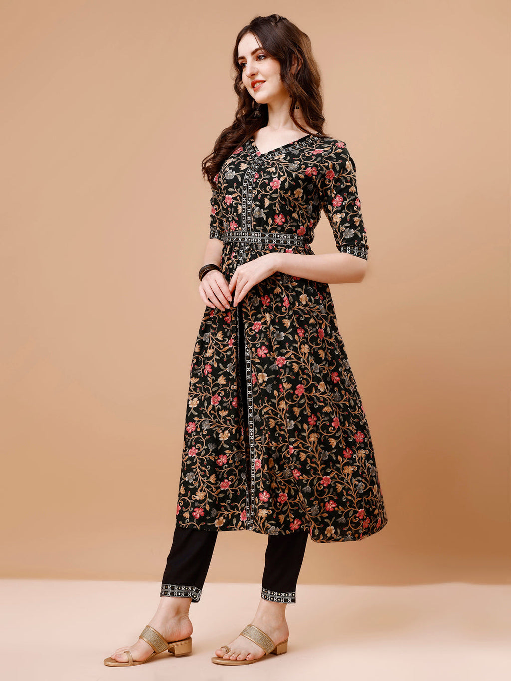 Embroidered Front Slit Floral Printed Kurta With Pant,Dupatta & Belt, Multicolor - Hiral Fashion | Grocsy