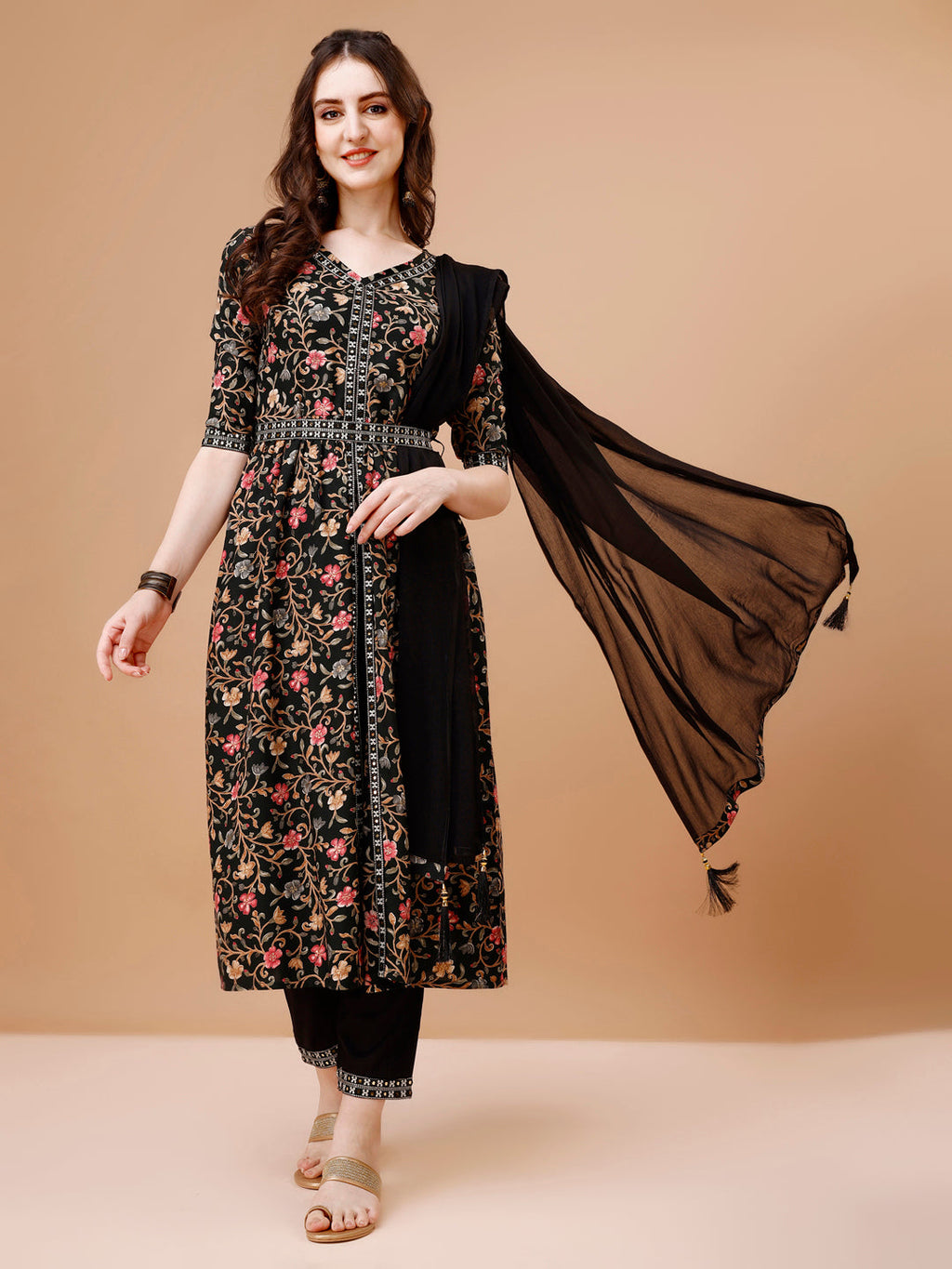 Embroidered Front Slit Floral Printed Kurta With Pant,Dupatta & Belt, Multicolor - Hiral Fashion | Grocsy