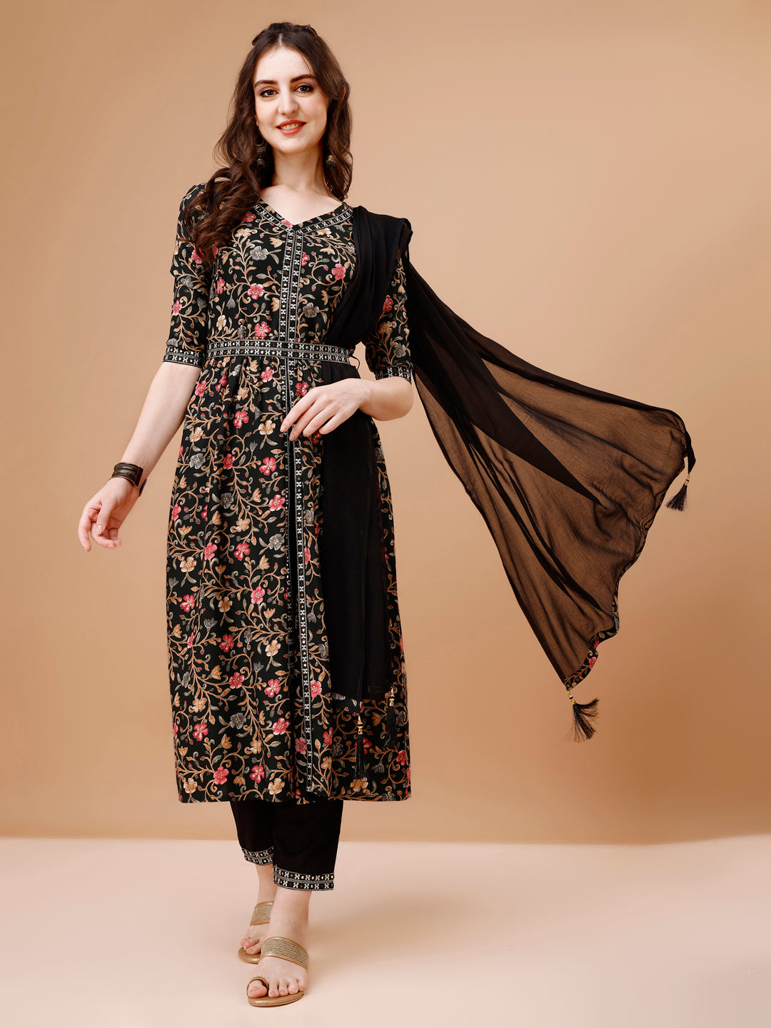 Embroidered Front Slit Floral Printed Kurta With Pant,Dupatta & Belt, Multicolor - Hiral Fashion | Grocsy