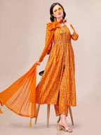 Printed & Embroidered Front Slit Kurta, Pant, Dupatta And Belt Set, Multicolor - Hiral Fashion | Grocsy