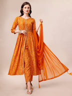 Printed & Embroidered Front Slit Kurta, Pant, Dupatta And Belt Set, Multicolor - Hiral Fashion | Grocsy