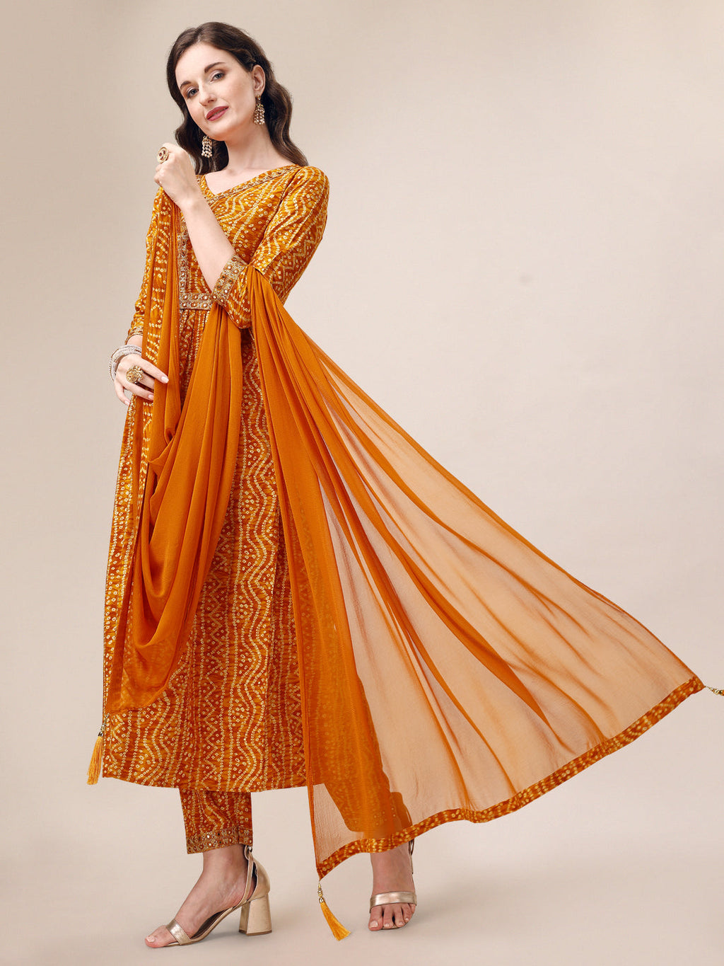 Printed & Embroidered Front Slit Kurta, Pant, Dupatta And Belt Set, Multicolor - Hiral Fashion | Grocsy