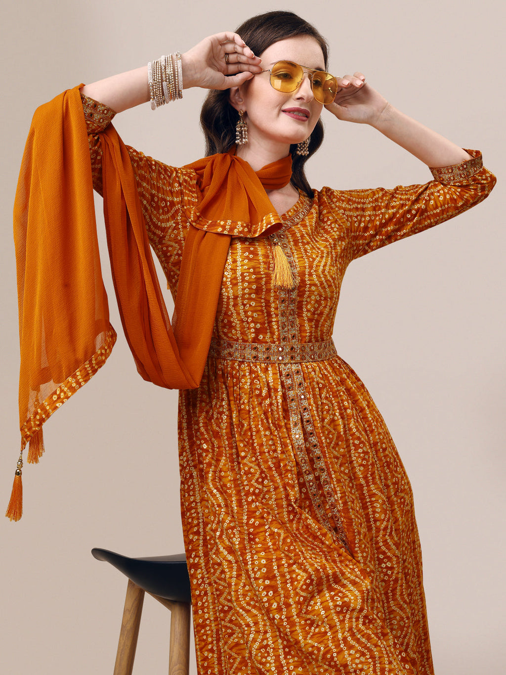 Printed & Embroidered Front Slit Kurta, Pant, Dupatta And Belt Set, Multicolor - Hiral Fashion | Grocsy