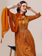 Printed & Embroidered Front Slit Kurta, Pant, Dupatta And Belt Set, Multicolor - Hiral Fashion | Grocsy