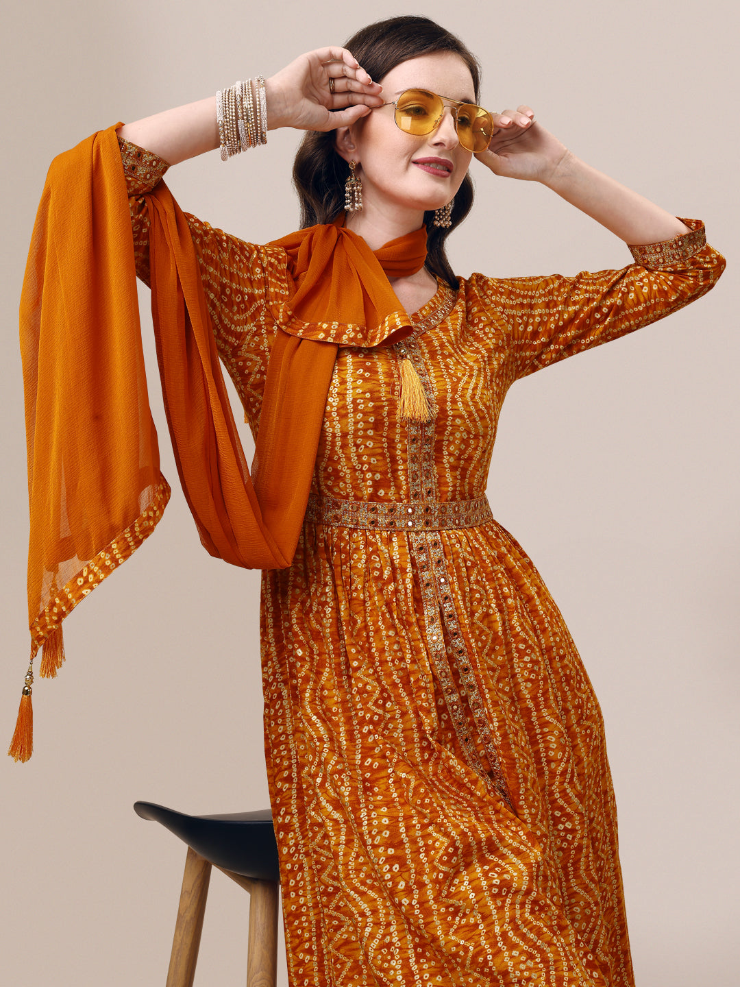 Printed & Embroidered Front Slit Kurta, Pant, Dupatta And Belt Set, Multicolor - Hiral Fashion | Grocsy