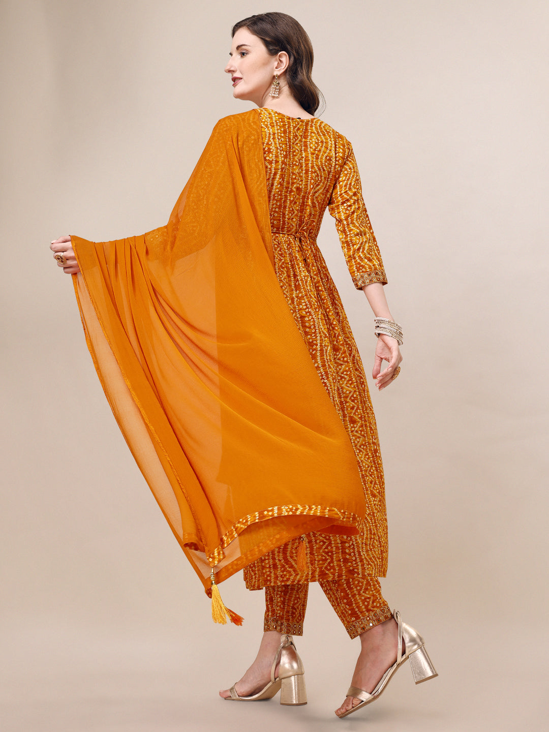 Printed & Embroidered Front Slit Kurta, Pant, Dupatta And Belt Set, Multicolor - Hiral Fashion | Grocsy