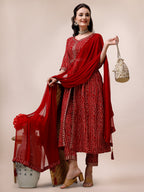 Bandhani Printed & Embroidered Front Slit Kurta,Pant,Dupatta & Belt Set, Multicolor - Hiral Fashion | Grocsy