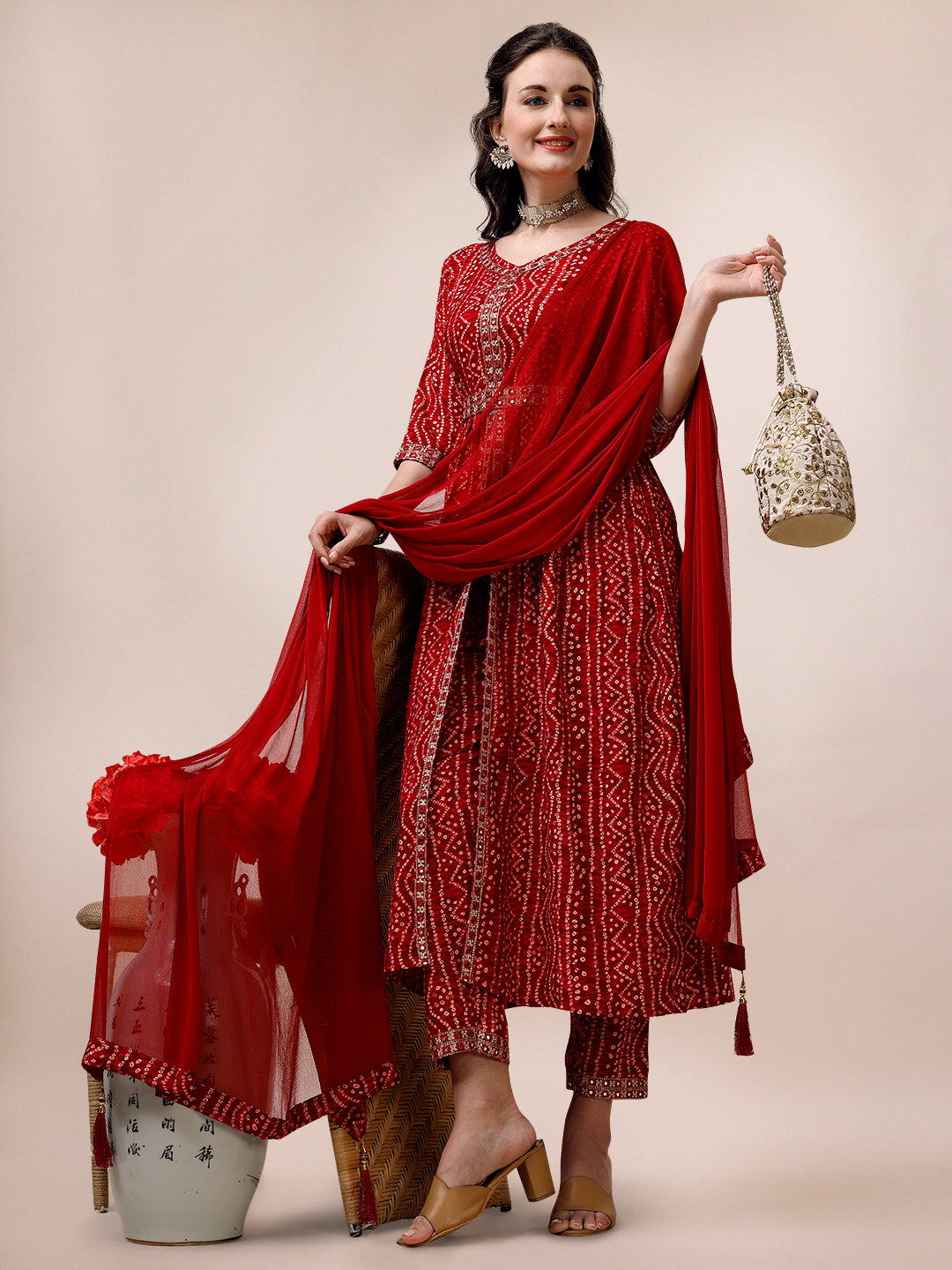 Bandhani Printed & Embroidered Front Slit Kurta,Pant,Dupatta & Belt Set, Multicolor - Hiral Fashion | Grocsy