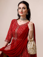Bandhani Printed & Embroidered Front Slit Kurta,Pant,Dupatta & Belt Set, Multicolor - Hiral Fashion | Grocsy