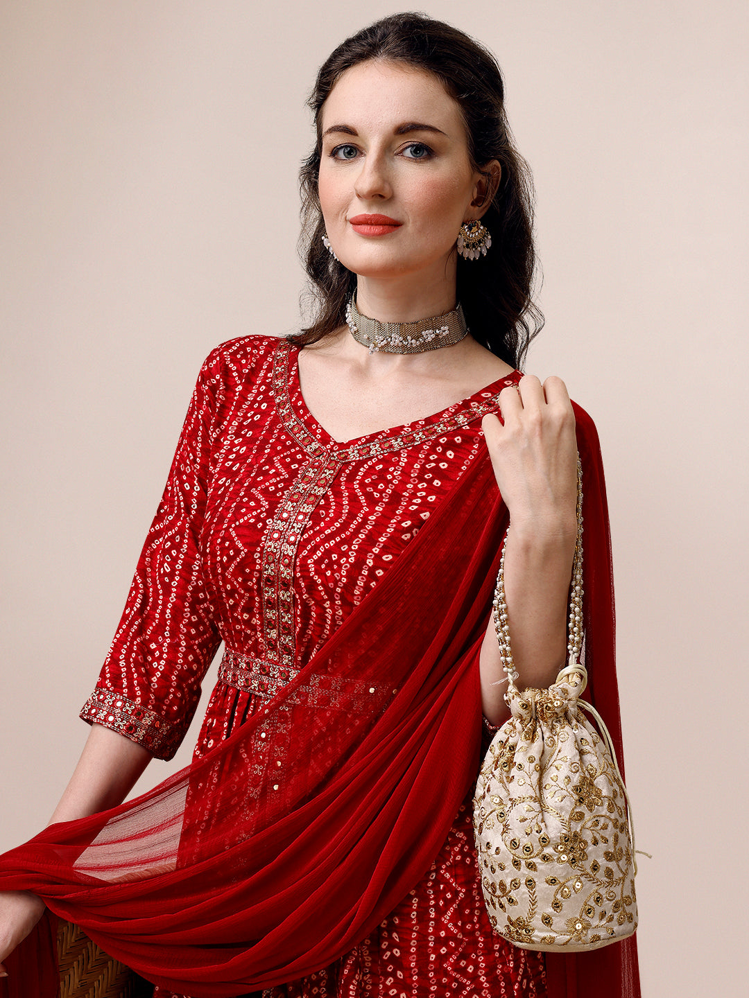 Bandhani Printed & Embroidered Front Slit Kurta,Pant,Dupatta & Belt Set, Multicolor - Hiral Fashion | Grocsy