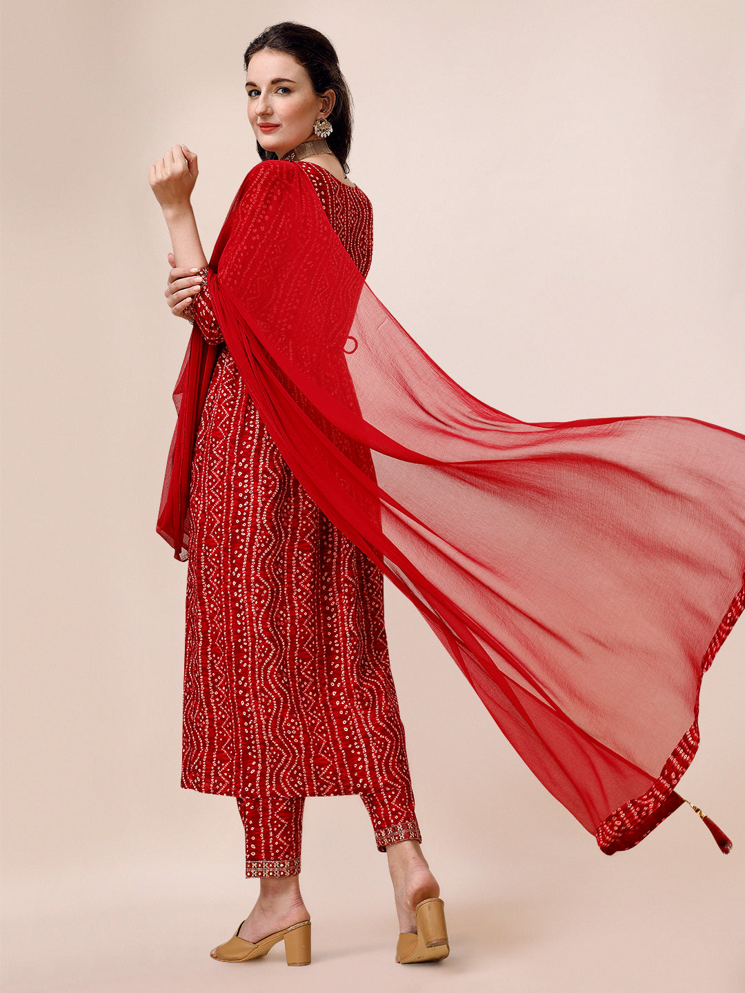 Bandhani Printed & Embroidered Front Slit Kurta,Pant,Dupatta & Belt Set, Multicolor - Hiral Fashion | Grocsy