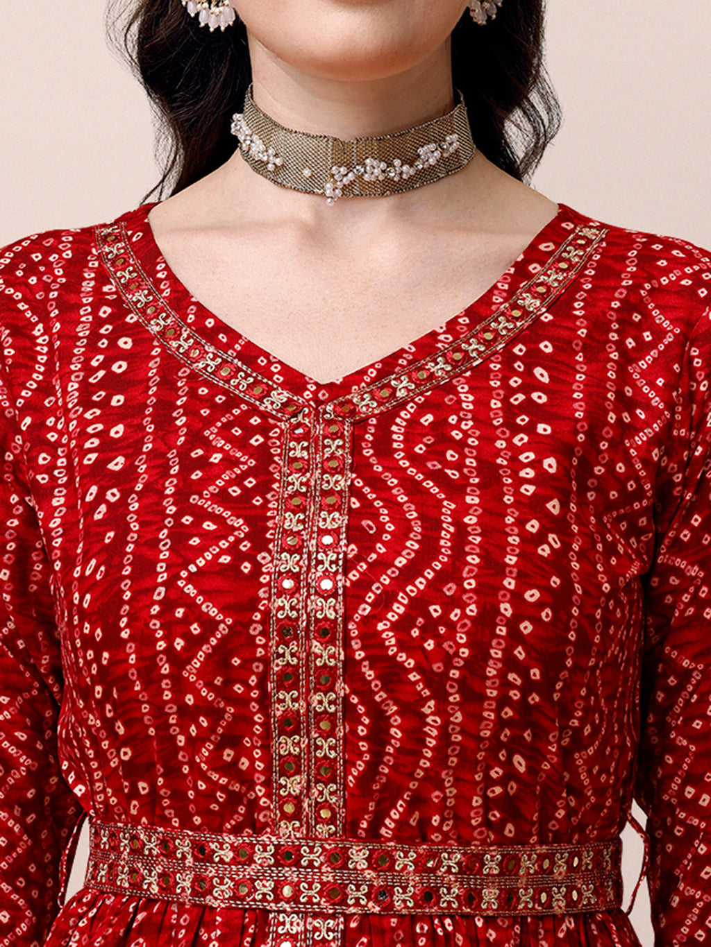 Bandhani Printed & Embroidered Front Slit Kurta,Pant,Dupatta & Belt Set, Multicolor - Hiral Fashion | Grocsy