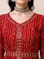 Bandhani Printed & Embroidered Front Slit Kurta,Pant,Dupatta & Belt Set, Multicolor - Hiral Fashion | Grocsy