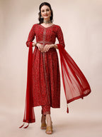 Bandhani Printed & Embroidered Front Slit Kurta,Pant,Dupatta & Belt Set, Multicolor - Hiral Fashion | Grocsy