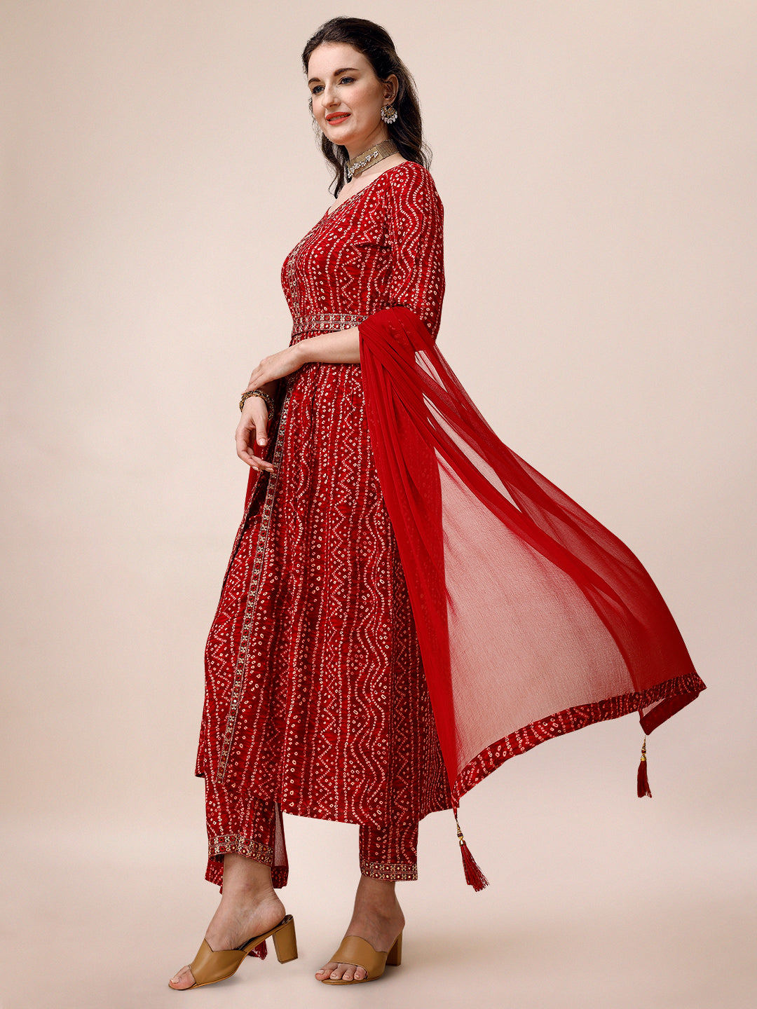 Bandhani Printed & Embroidered Front Slit Kurta,Pant,Dupatta & Belt Set, Multicolor - Hiral Fashion | Grocsy