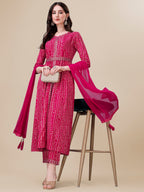 Printed & Embroidered Front Slit Kurta, Pant, Dupatta And Belt Set, Multicolor - Hiral Fashion | Grocsy