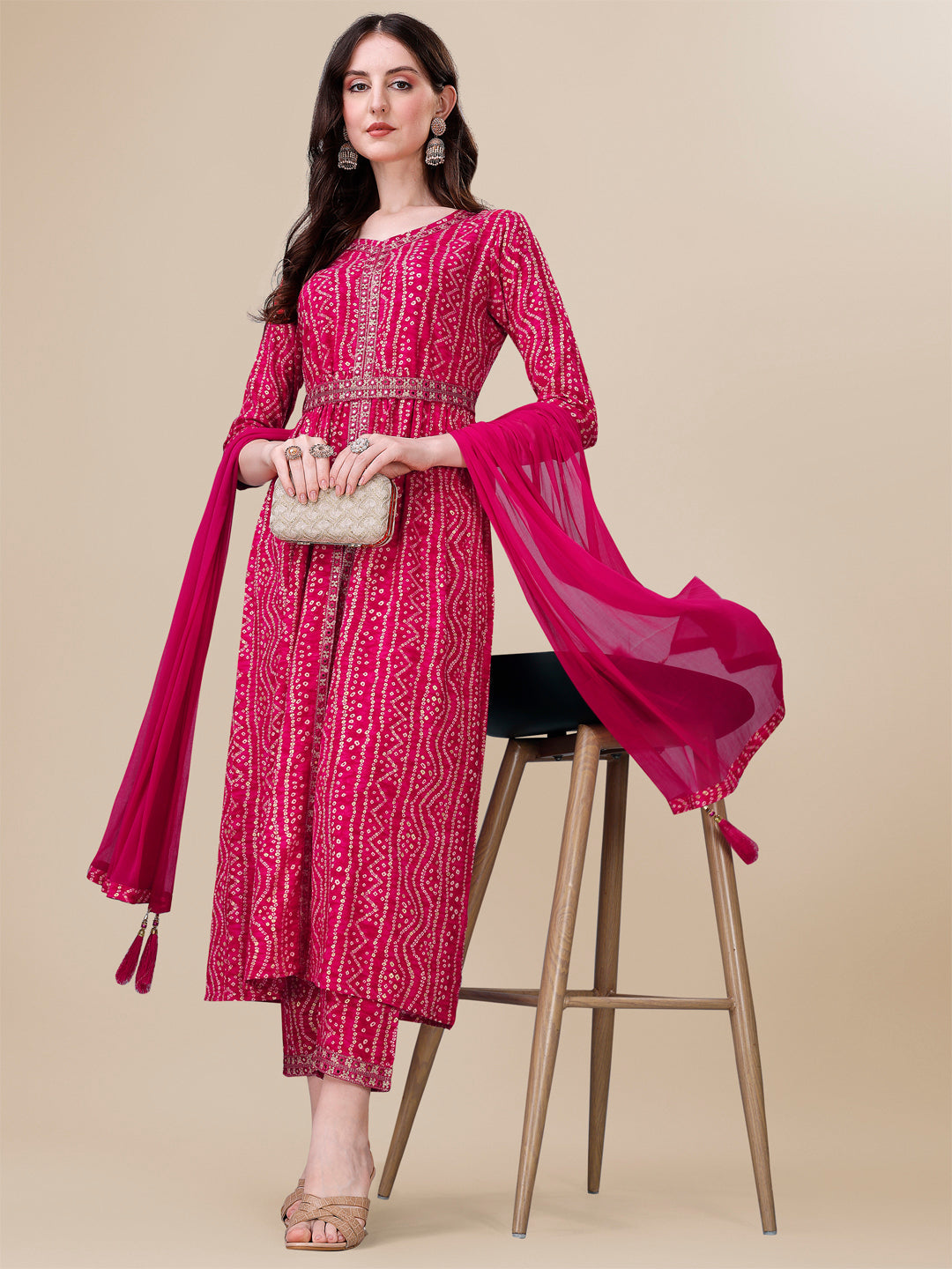 Printed & Embroidered Front Slit Kurta, Pant, Dupatta And Belt Set, Multicolor - Hiral Fashion | Grocsy