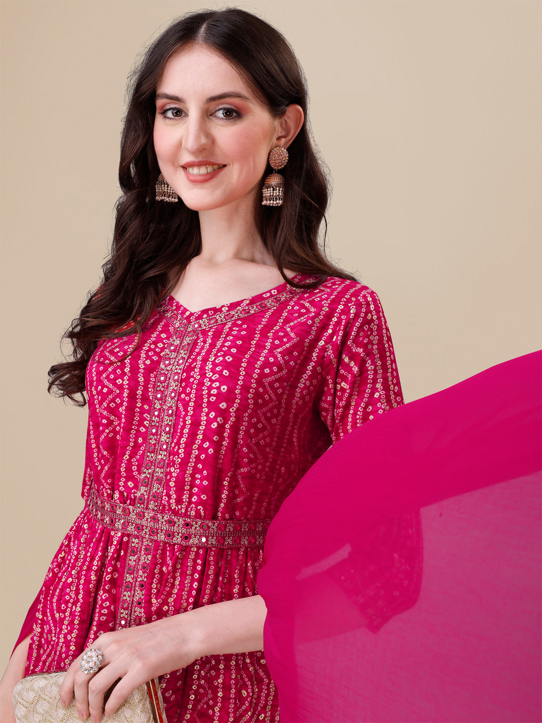 Printed & Embroidered Front Slit Kurta, Pant, Dupatta And Belt Set, Multicolor - Hiral Fashion | Grocsy