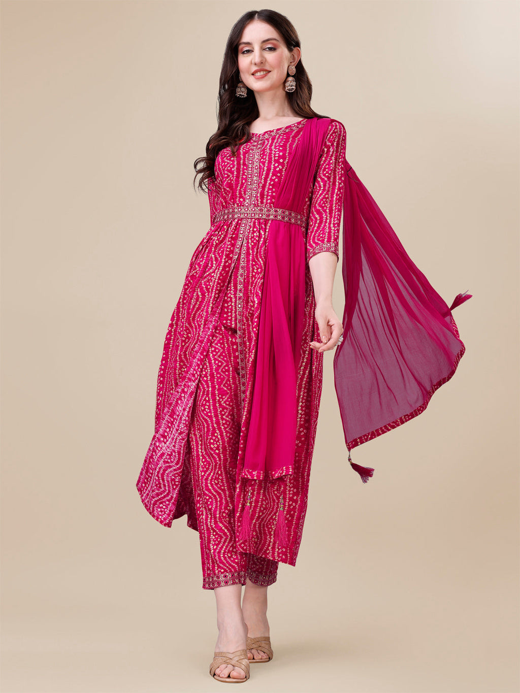Printed & Embroidered Front Slit Kurta, Pant, Dupatta And Belt Set, Multicolor - Hiral Fashion | Grocsy