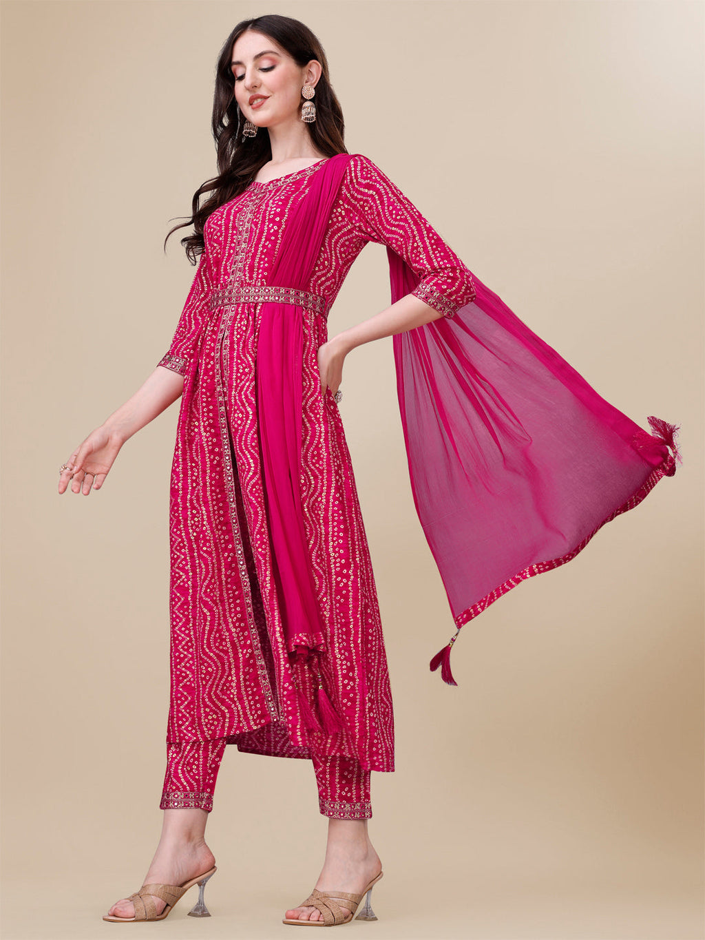 Printed & Embroidered Front Slit Kurta, Pant, Dupatta And Belt Set, Multicolor - Hiral Fashion | Grocsy